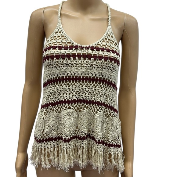 Full Tilt Cream Burgundy Boho Open Crochet Knit Cotton Blend Tank Top Womens XS - Picture 3 of 10